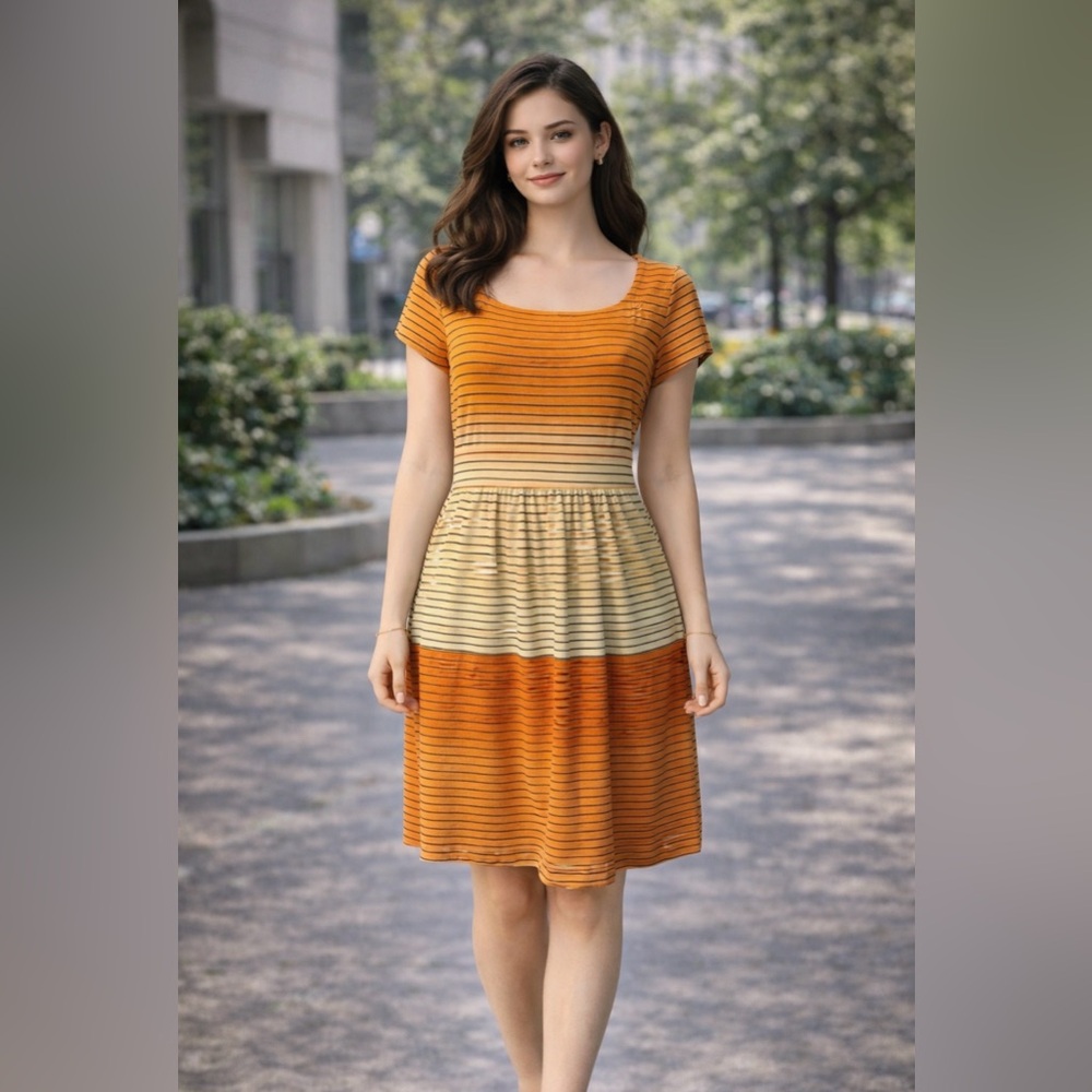 J McLaughlin Dress L Large 10 12 14 Orange Gold Yellow Black Stripe Stretch
